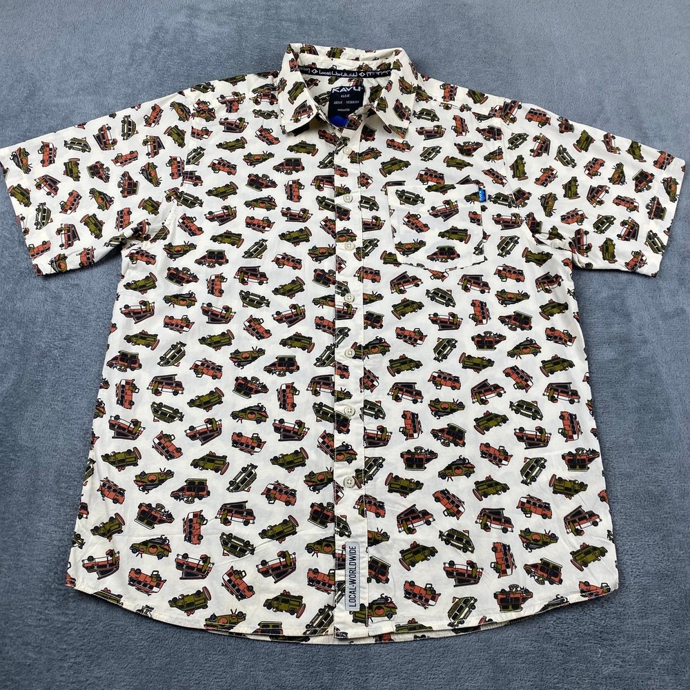 KAVU Mens Large Button Down Shirt Cream Camper Van Life Print Short Sleeve